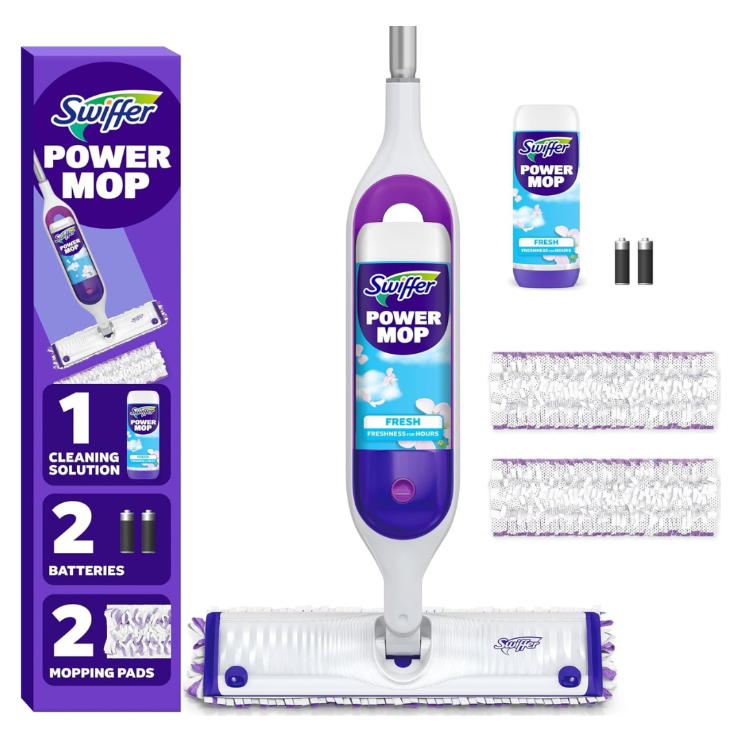 Swiffer PowerMop Mopping Kit Includes 1 Power Mop, 2 Replacement Pads, 1 Liquid Solution Refill, 2 Batteries