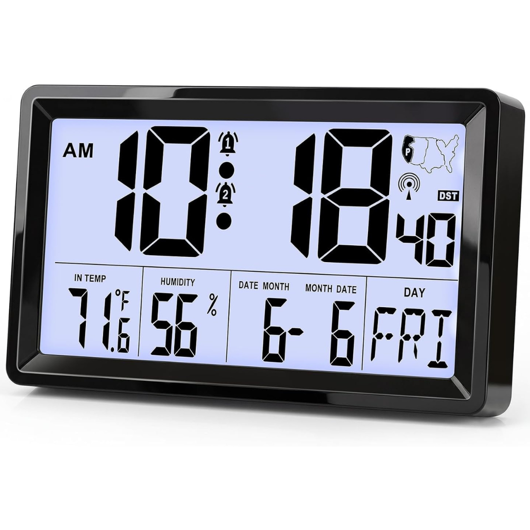 Qpeuim 8.78'' Large Digital Display Atomic Clock W/ Indoor Temp & Humidity