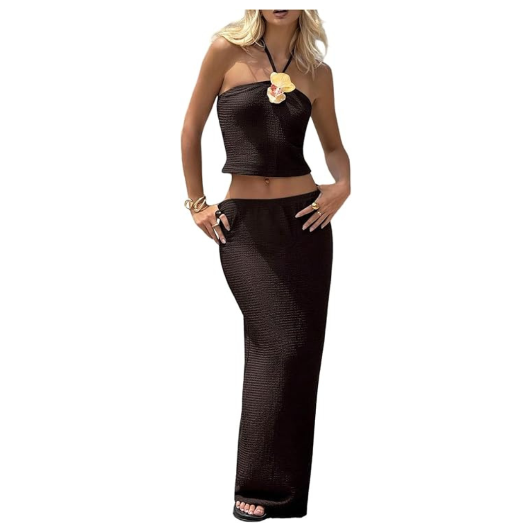 Women's 2-Piece 3D Flower Tie Backless Summer Outfits
