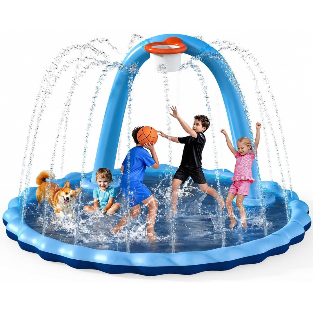 2-in-1 Large 9' Sprinkler Splash Pad W/ Basketball Hoop & Arch