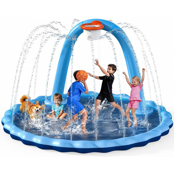 2-in-1 Large 9' Sprinkler Splash Pad W/ Basketball Hoop & Arch
