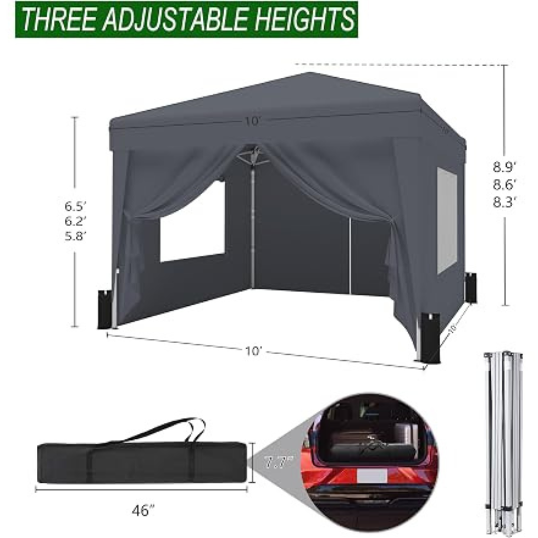 Portable 10' x 10' Pop Up Canopy Tent with 4 Removable Sidewalls