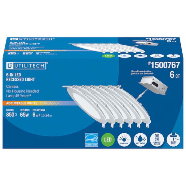 6-Pack 6" 850 -Lumens Switchable White Round Dimmable LED Downlight