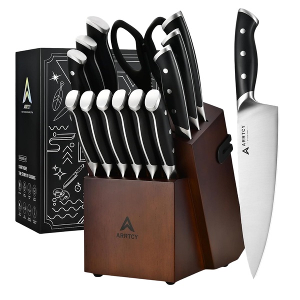 15-Piece Stainless Steel Kitchen Knife Set W/ Block & Sharpener