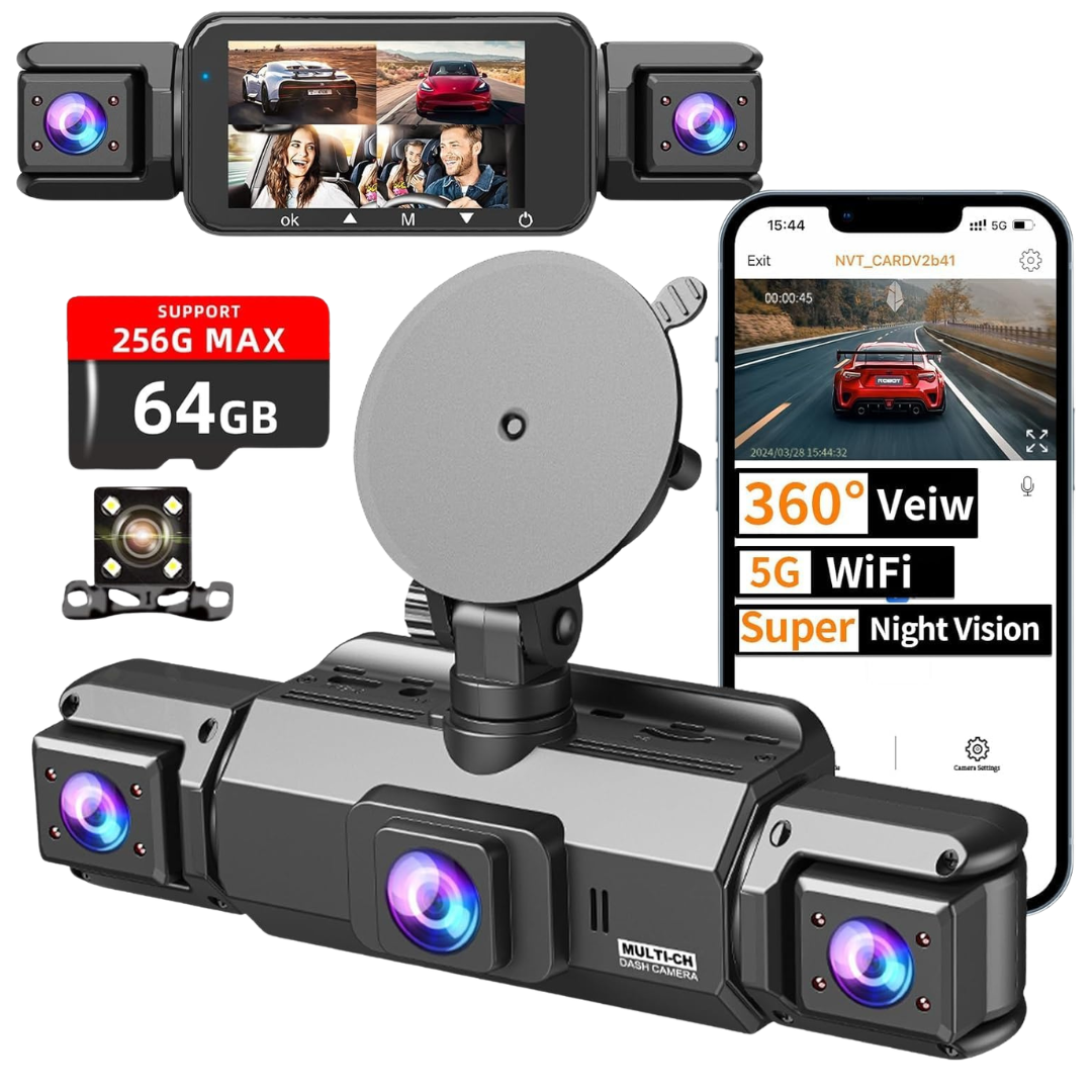 4-Channel 360 Front, Rear & Cabin Car Dash Cameras With 64GB Card