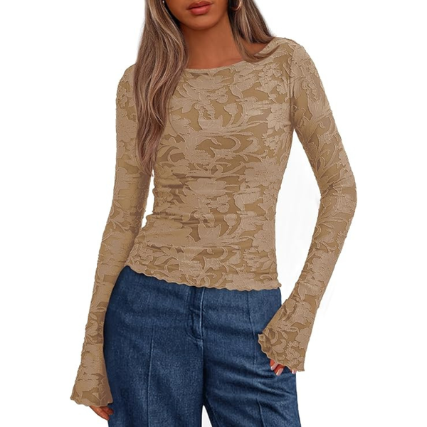 Women's Floral Embroidered Mesh Bell-Sleeve Top (Various)
