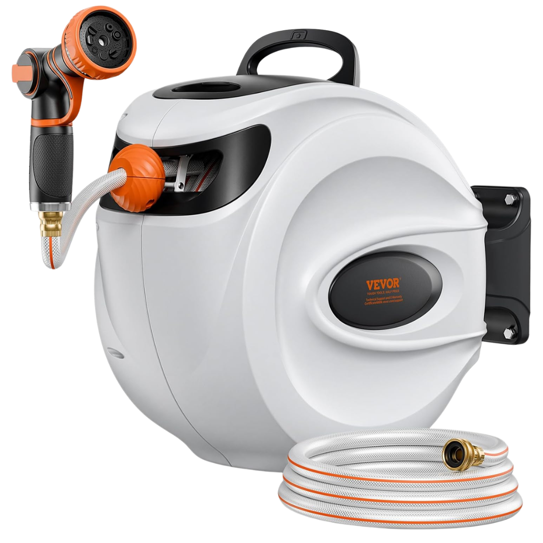 65' VEVOR Retractable Hose W/ Swivel Bracket Wall-Mounted Hose Reel & Nozzle