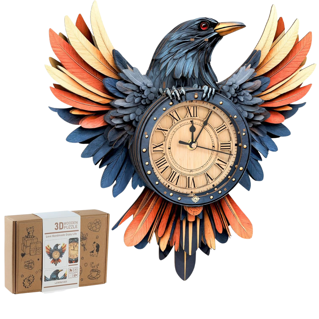 34-Piece 3D Wooden Raven Clock Puzzles