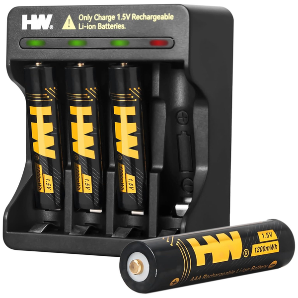 4-Pack HW 1.5V 1200mWh Triple A Lithium Ion Batteries w/Charger