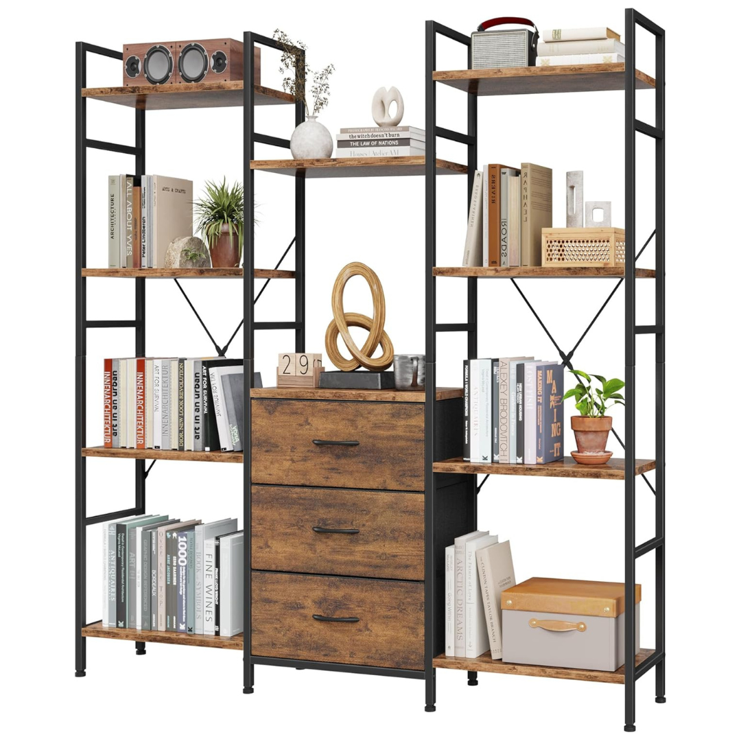Aflui 47" 4-Tier Triple Book Shelf W/ 3 Fabric Drawers & 10 Shelves