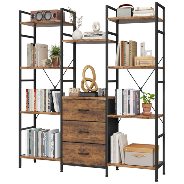 Aflui 47" 4-Tier Triple Book Shelf W/ 3 Fabric Drawers & 10 Shelves