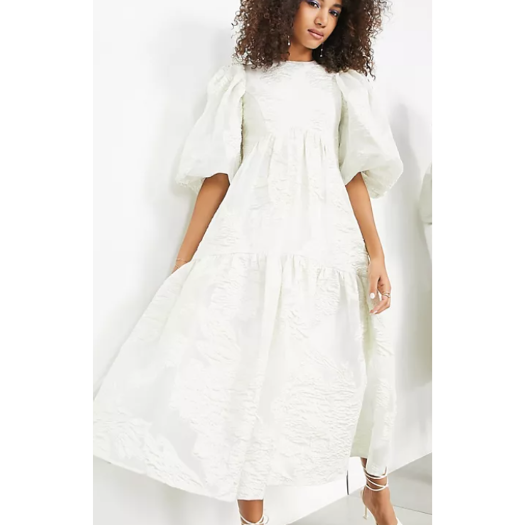 Asos Edition Tiered Metallic Floral Jacquard Ivory Midi Dress