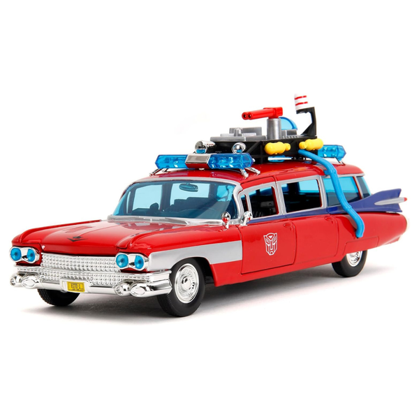 Jada Toys 1:24 Ghostbusters Ecto-1 Mashup W/ Optimus Prime G1 Graphics Die-Cast Car