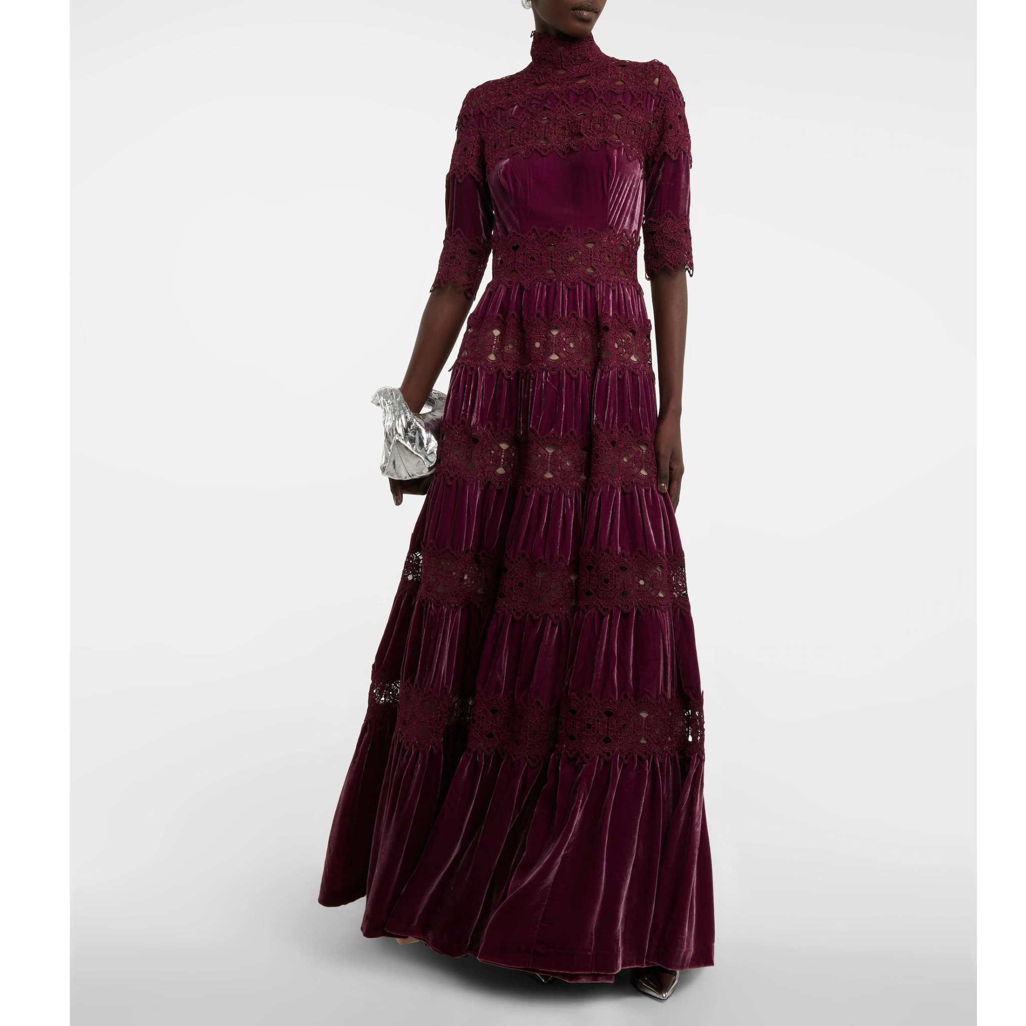 Costerellos Lissie lace-trimmed velvet gown