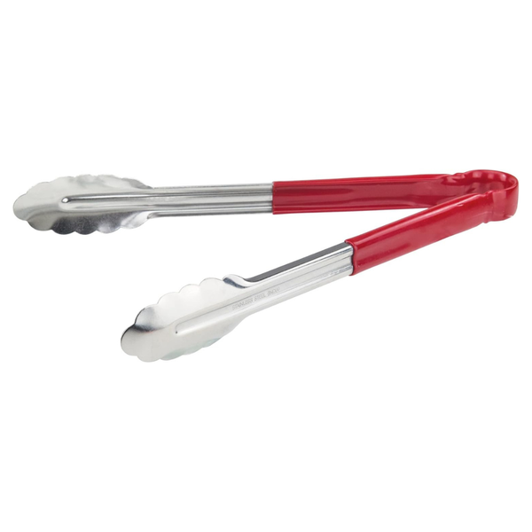 Winco 12" Stainless Steel Serving Tongs With Plastic Handle (Red)