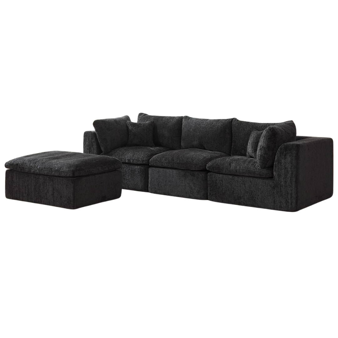 Sthouyn 114" Modern Black Boneless Sectional Couches W/Ottoman