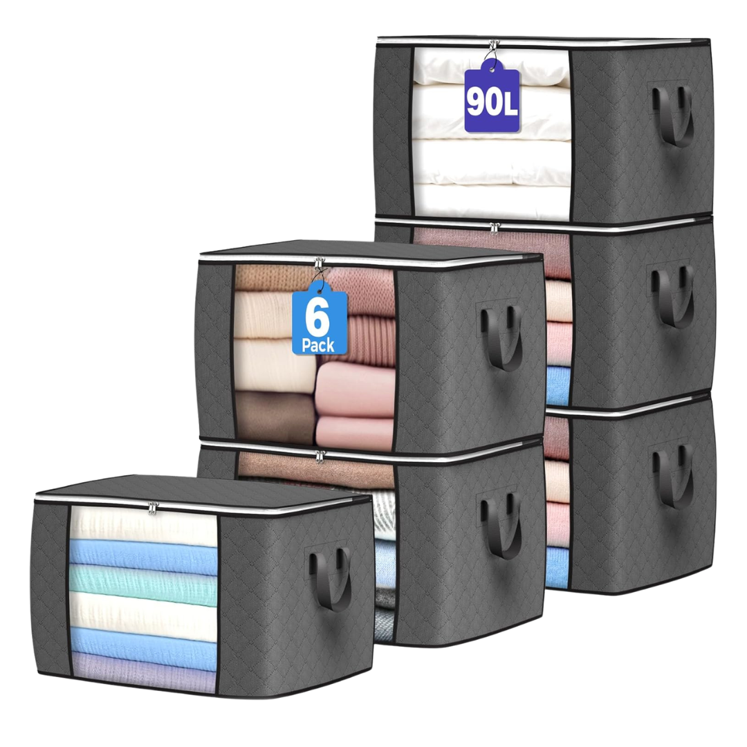 6-Pack 90L Foldable Clothes Organizers Storage Bags W/ Reinforced Handle