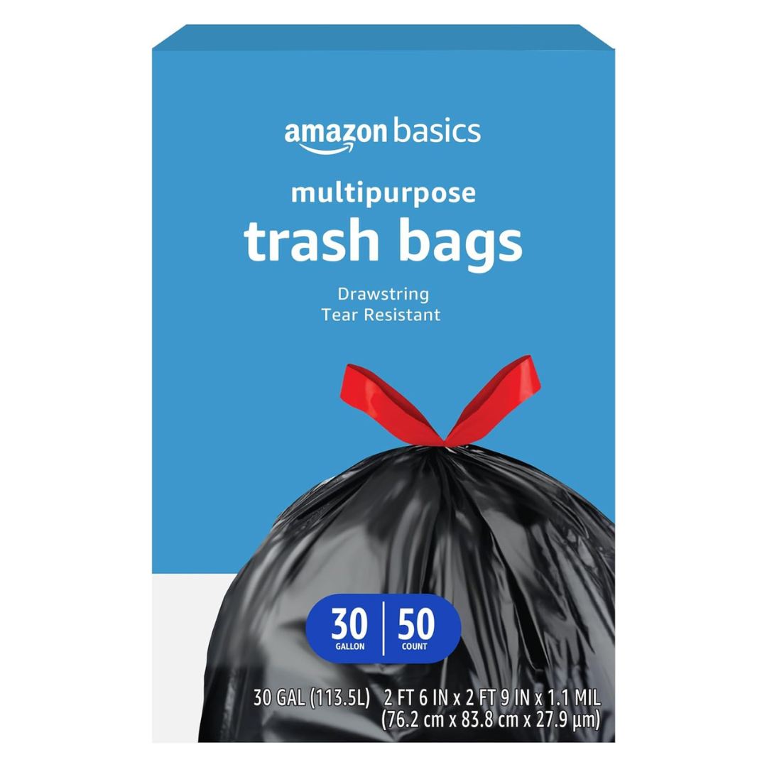 50-Count Amazon Basics Multipurpose Drawstring 30 Gallon Trash Bags