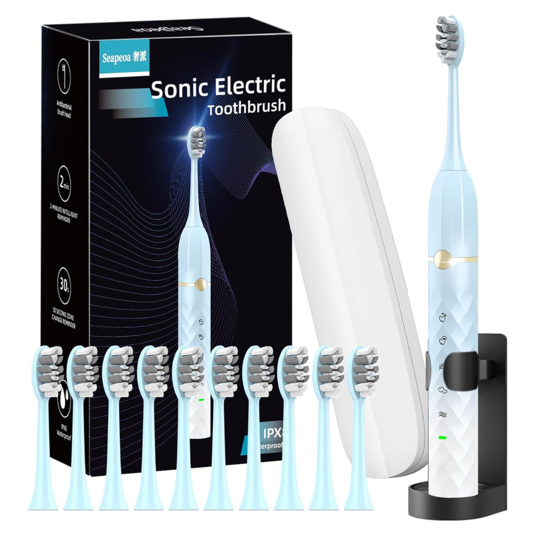 Seapeoa Rechargeable Electric Toothbrush W/10 Brush Heads & Travel Case