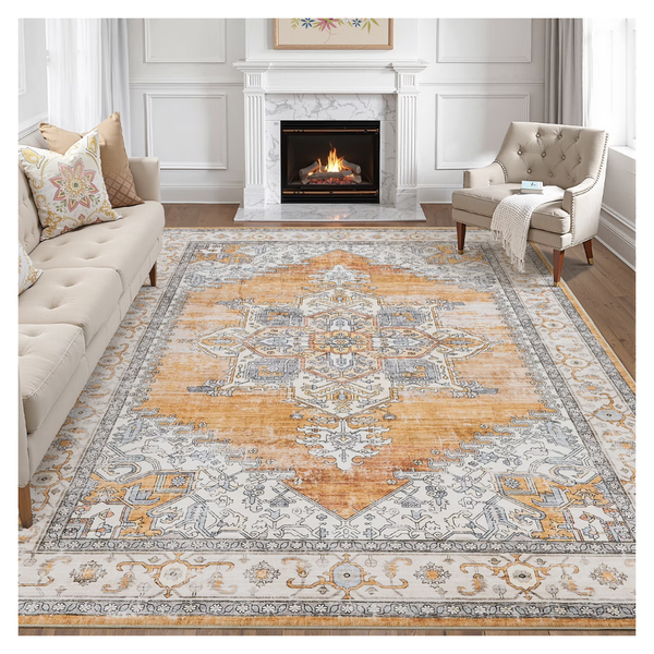 5' x 7' Non-Slip Oriental Soft Polyester Vintage Medallion Distressed Area Rug
