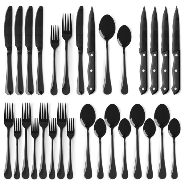 24-Piece Black Silverware Set With Steak Knives Flatware Set