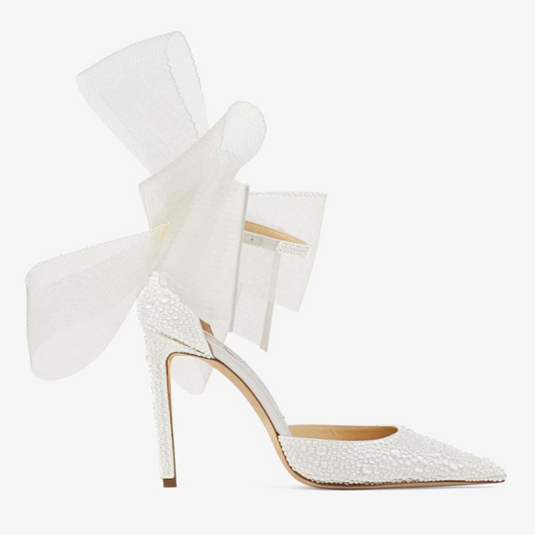 Jimmy Choo Ivory Satin Pumps with Crystals and Mesh Fascinator Bows