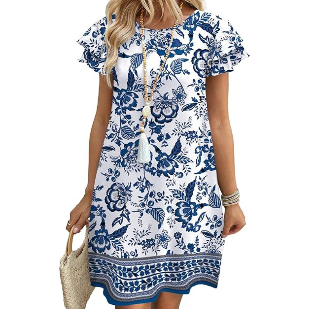 Womens Boho Floral Ruffle Sleeve Swing Dress