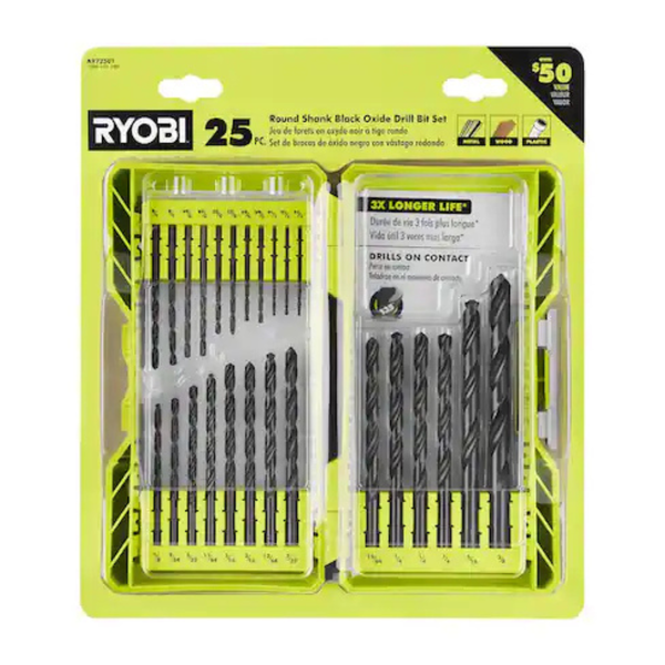 25-Piece RYOBI Black Oxide Round Shank Twist Drill Bit Set