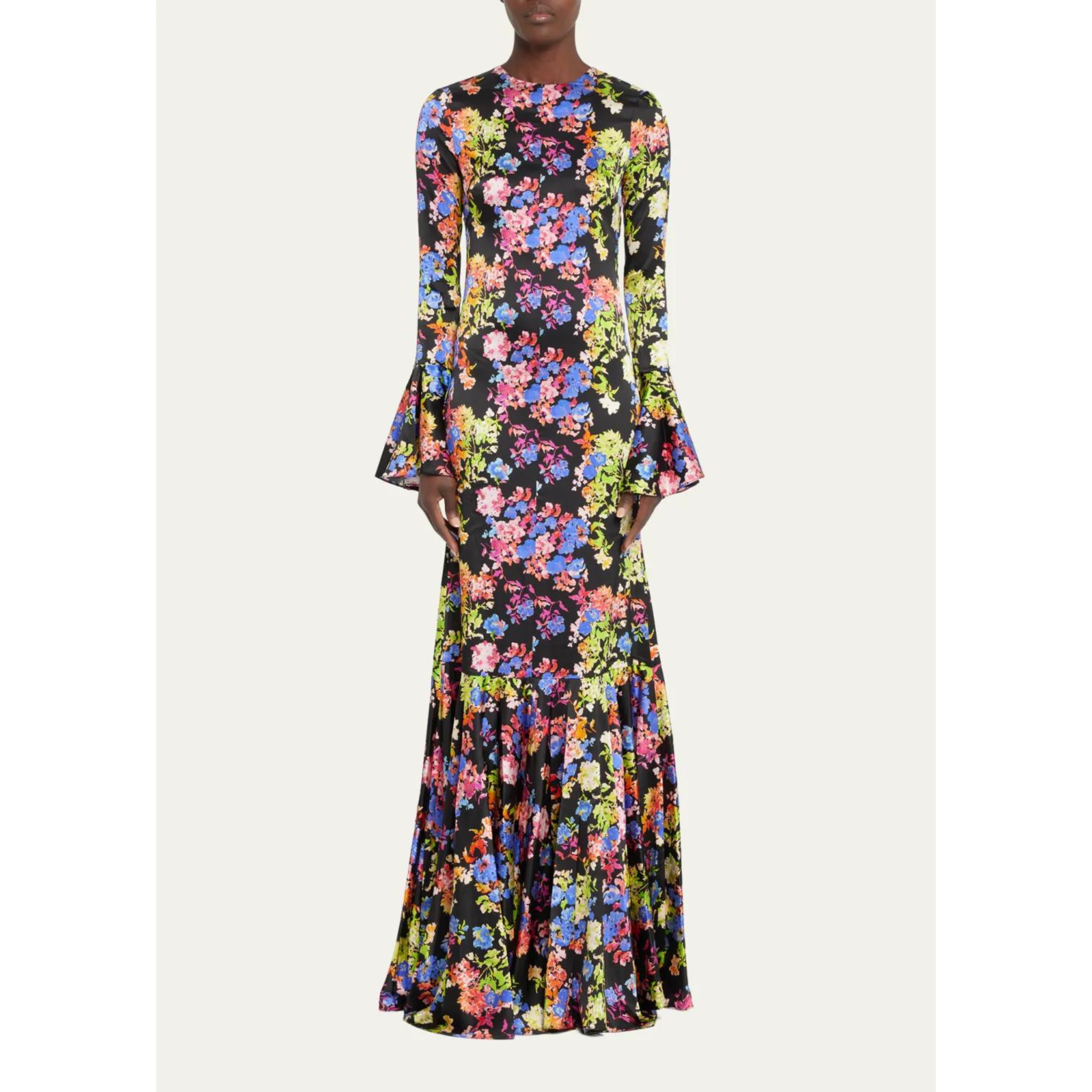 Caroline Constas Bell-Sleeve Floral-Print Trumpet Gown
