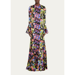 Caroline Constas Bell-Sleeve Floral-Print Trumpet Gown