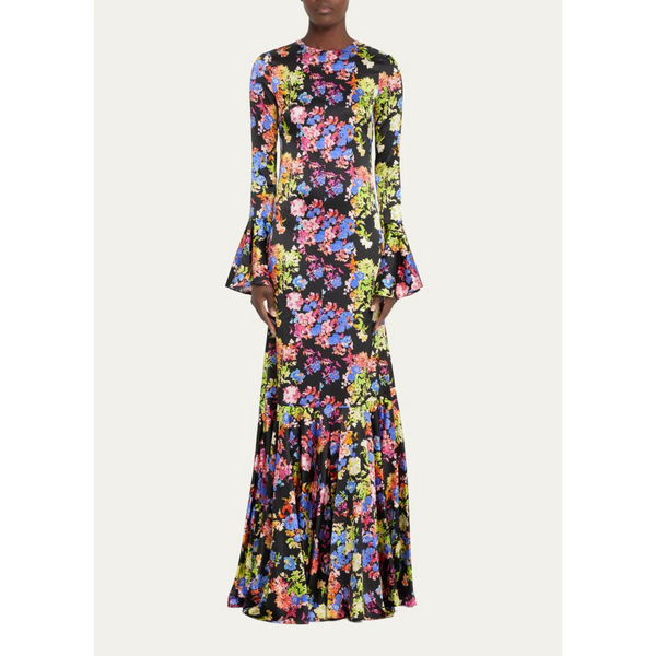 Caroline Constas Bell-Sleeve Floral-Print Trumpet Gown