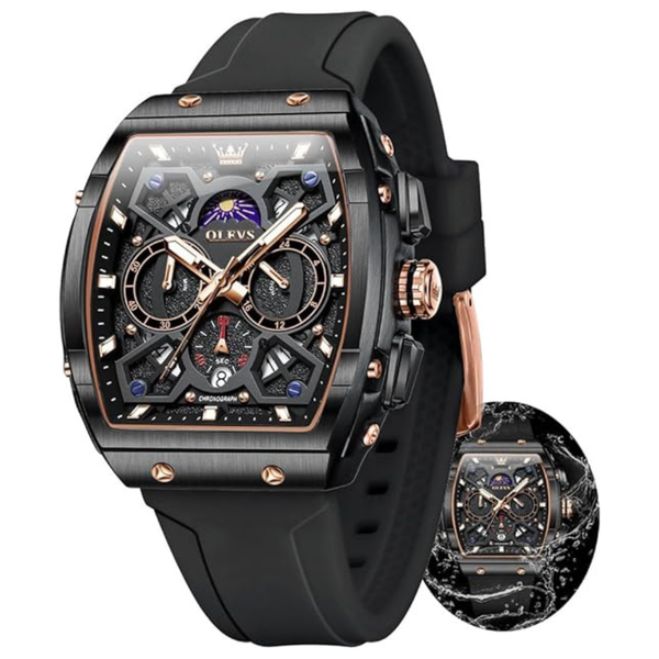 Men's Rubber Moon Phase Date Waterproof Fashion Watch