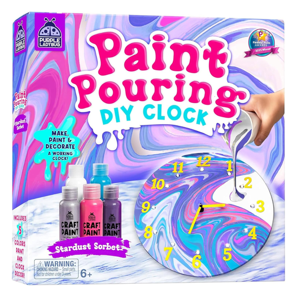 Purple Ladybug Kids Paint Pouring DIY Clock Kit