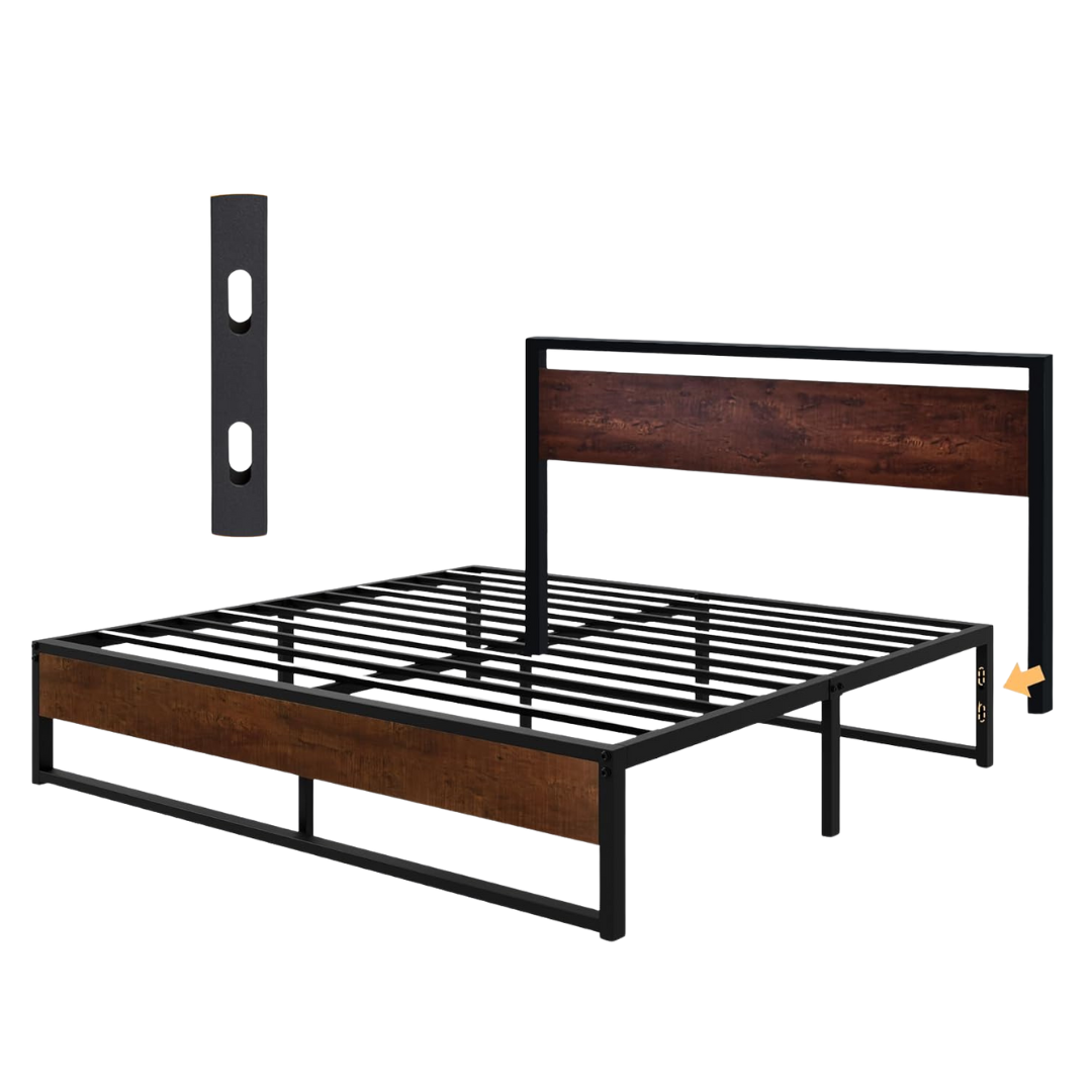 14'' King Metal Bed Frame With Rustic Wood Headboard