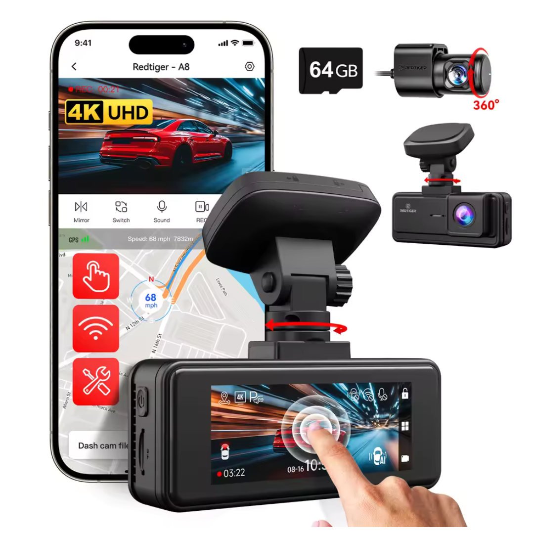 REDTIGER A8 4K Dual Dash Camera With 64GB SD Card