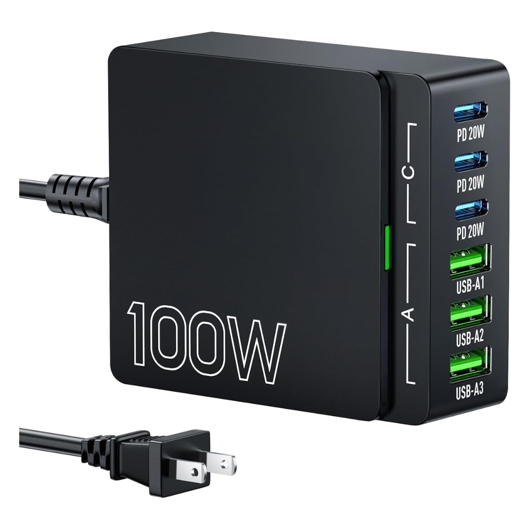 100W 6 Port GaN PD 3.0 Type C/USB A Wall Charger Adapter