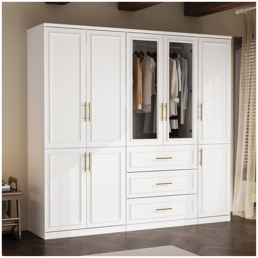 3-Combination White Wood 79.1"W 8-Door Big Armoires