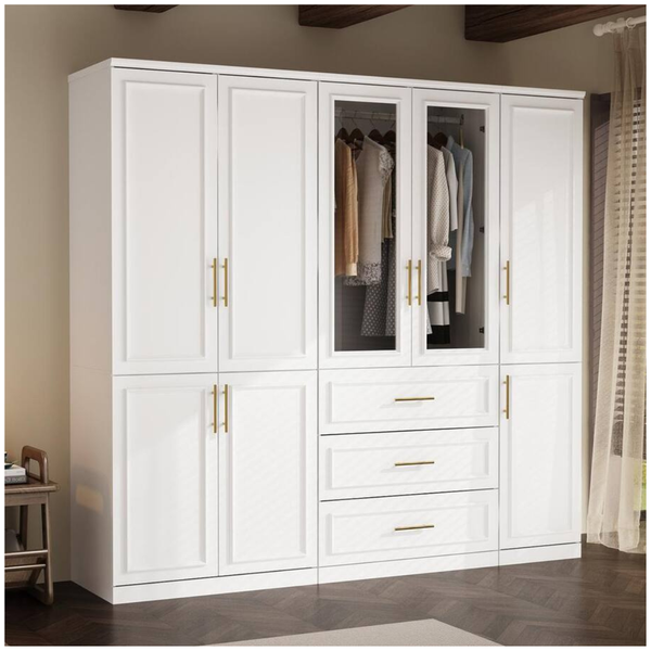 3-Combination White Wood 79.1"W 8-Door Big Armoires