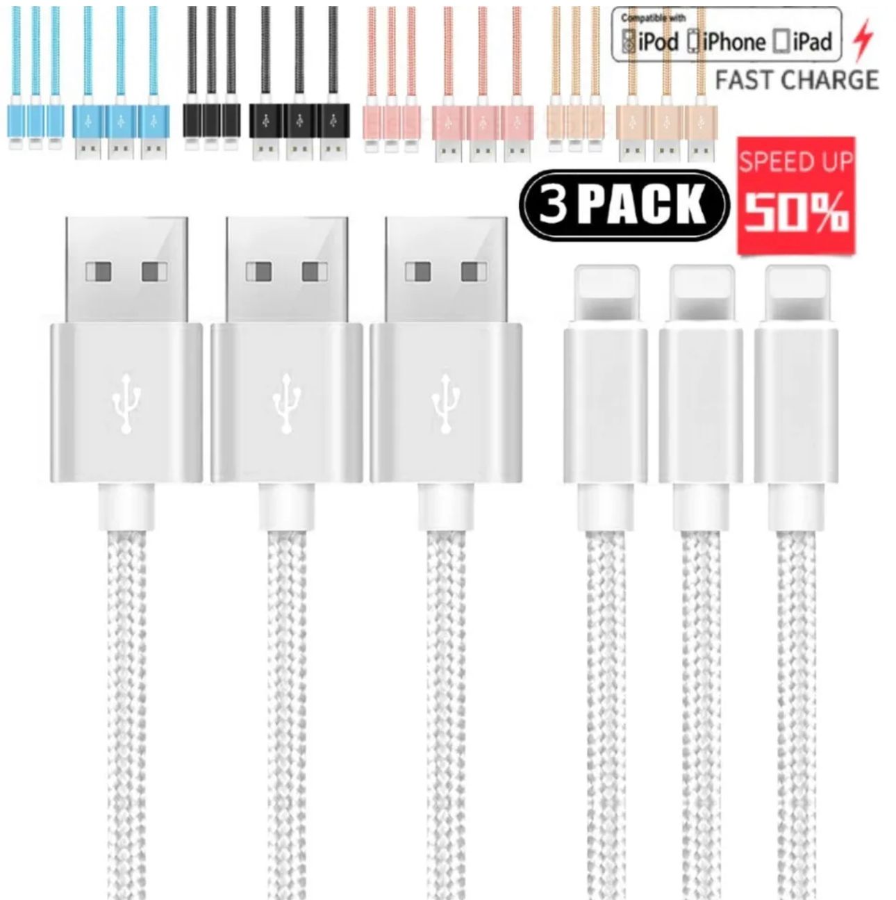 Sponsored: 3 Pack 10 Feet long iPhone chargers