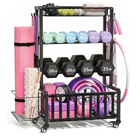Adjustable Weight Rack Organizer With Wheels & Hooks