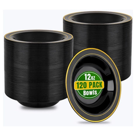 120 Disposable Black Plastic Bowls with Gold Trim