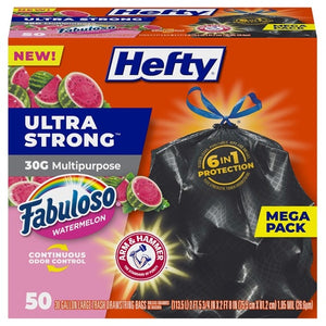 50 Hefty Ultra Strong 30 Gallon Trash Bags, Black, Fabuloso Watermelon Scent