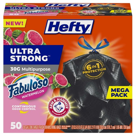 50 Hefty Ultra Strong 30 Gallon Trash Bags, Black, Fabuloso Watermelon Scent
