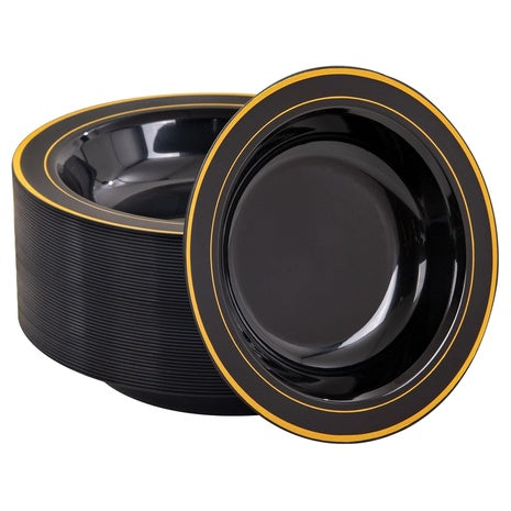 50 Black Plastic Bowls with Gold Rim