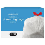 120 Amazon Basics 13 Gallon Flextra Tall Kitchen Drawstring Trash Bags, White, Unscented