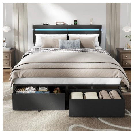 Wrought Studio Queen Bed With 2 Drawers & Open Storage Headboard