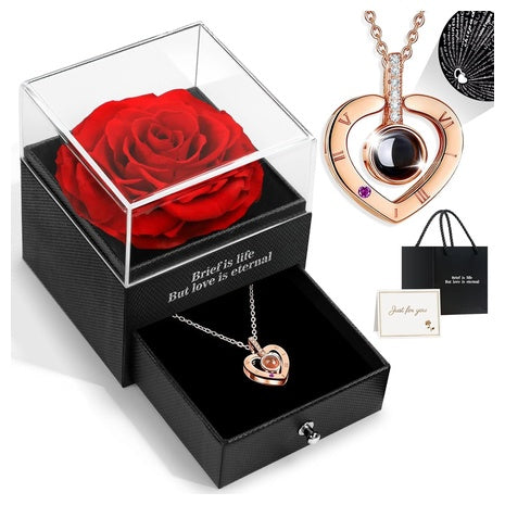 Preserved Real Rose with I Love You Necklace