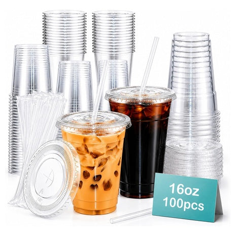 100 16oz Clear Plastic Cups with Lids & Straws