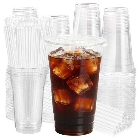 100 24oz Clear Plastic Cups with Lids & Straws