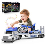 Large Police Semi Truck Transporter Set with Race Car & Helicopter
